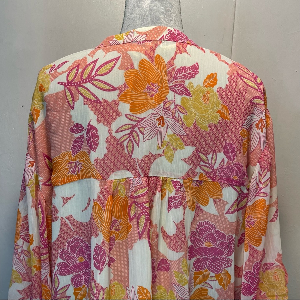 #0238 Fate-Pink & Orange Blouse Vibrant Top Front Buttons Puff Sleeves-S - Picture 5 of 7